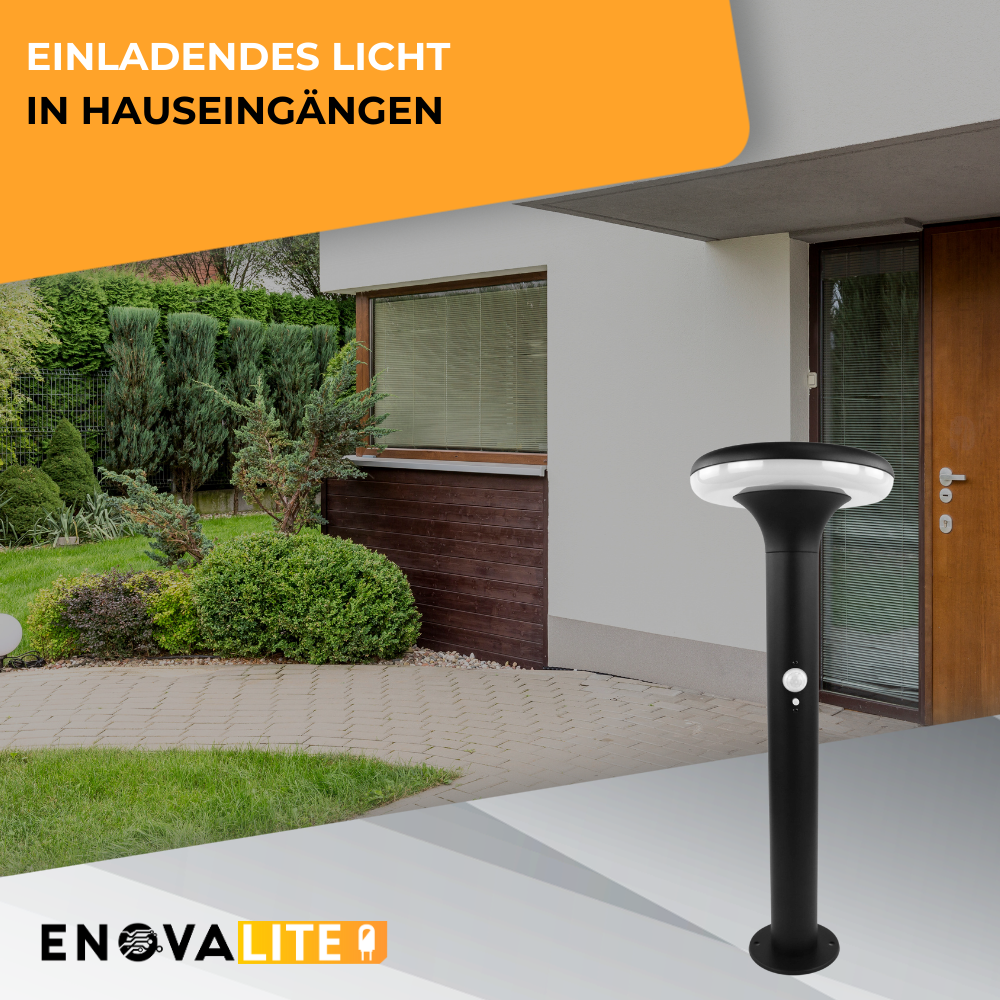 Solar Wegeleuchte mit PIR Sensor, rund, 3000 K (warmweiß), 12 Stunden Leuchtzeit, 3 Lichtmodi, IP54-Wasserdicht, aus Aluminium.