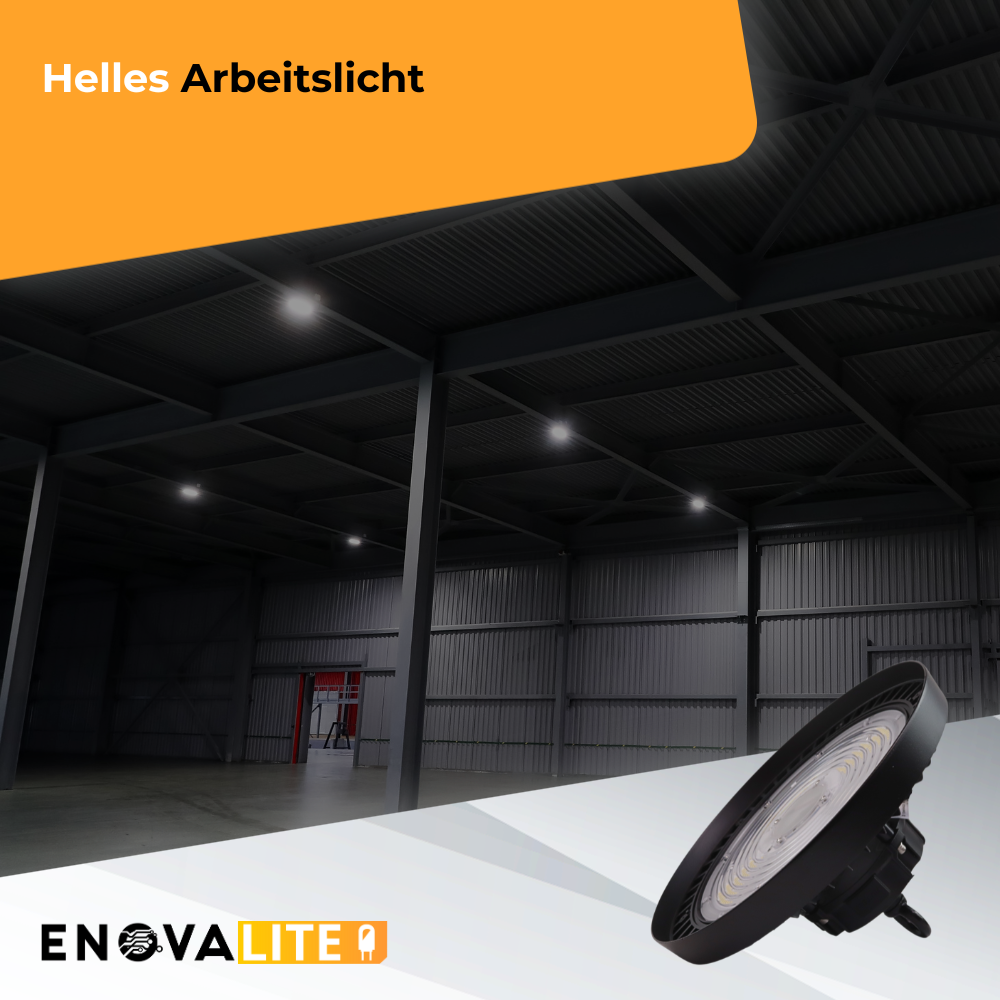 LED-HighBay, UFO, 150 W, 5000 K (neutralweiß), 25500 lm, IP65, LIFUD Netzteil, dimmbar, hohe Energieeffizienz.