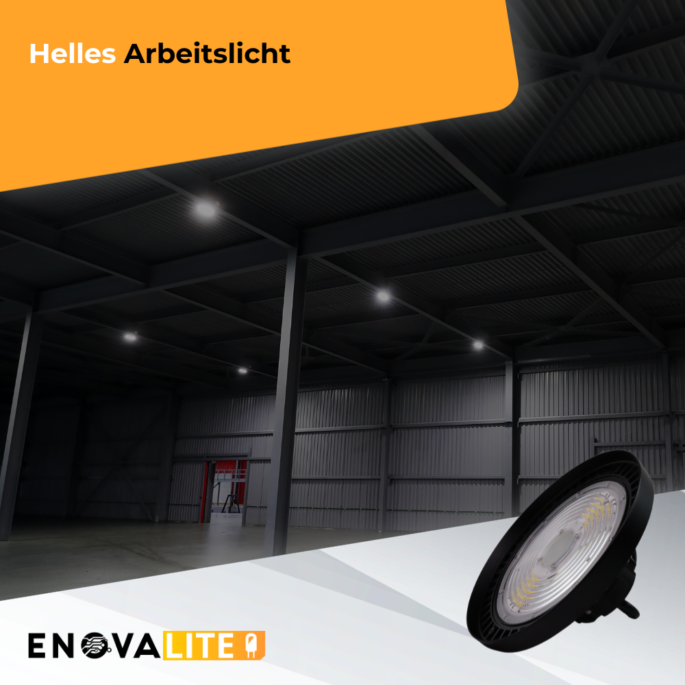 LED-HighBay, UFO, Leistung und Lichtfarbe einstellbar, 100/150/200 W, 3500-5500 K, 14000-28000 lm, IP65, LIFUD, 0-10V dimmbar, 9-in-1 Leuchte, energieeffizient.