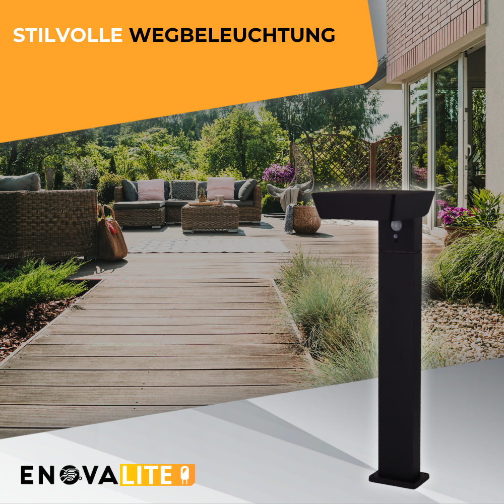 Solar Wegeleuchte mit PIR Sensor, eckig, 3000 K (warmweiß), 12 Stunden Leuchtzeit, 3 Lichtmodi, IP54-Wasserdicht, aus hochwertigem Aluminium.
