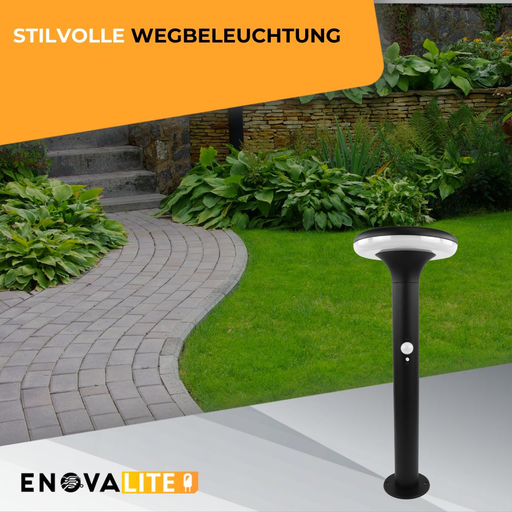Solar Wegeleuchte mit PIR Sensor, rund, 3000 K (warmweiß), 12 Stunden Leuchtzeit, 3 Lichtmodi, IP54-Wasserdicht, aus Aluminium.