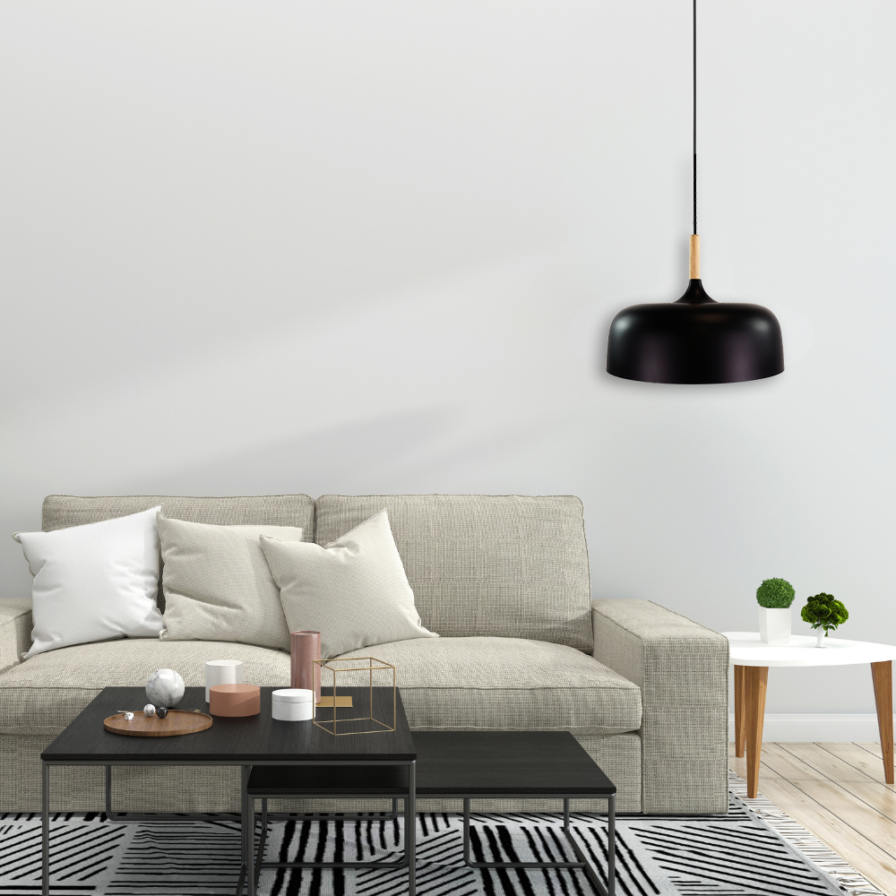 Moderne Pendelleuchte in schwarz, runde Form, aus Metall, E27-Fassung, IP20, Ø30 cm.