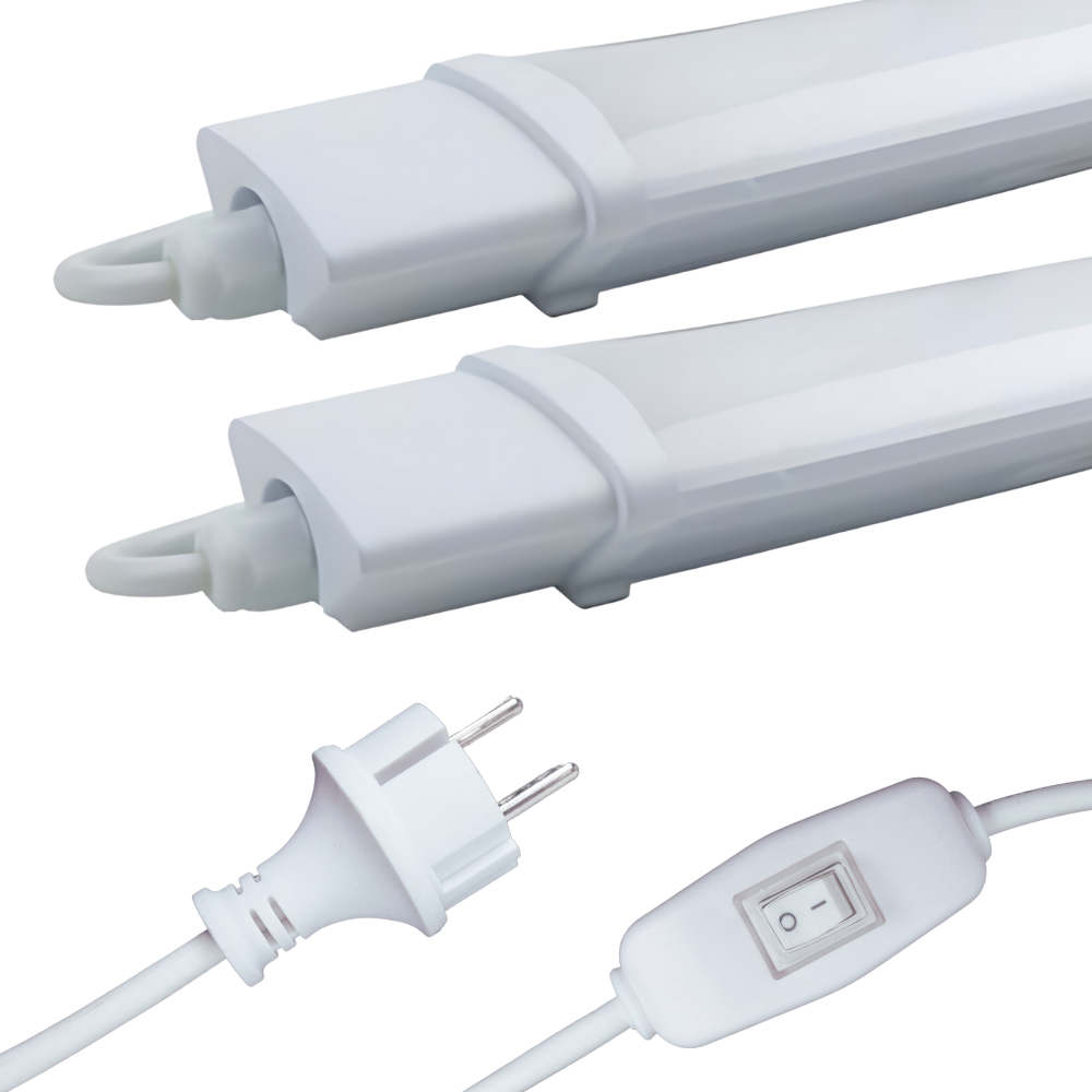 2er Set LED Feuchtraumleuchte, 22 W, 2000lm, 4000K, 900 mm, IP65, mit Schalter und IP44 Stecker.
