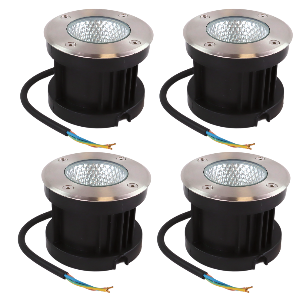 4er Set LED Bodeneinbaustrahler, 7 W, 490 lm, 3000 K (warmweiß), Chromoptik, Edelstahl und Aluminiumdruckguss, EPISTAR.