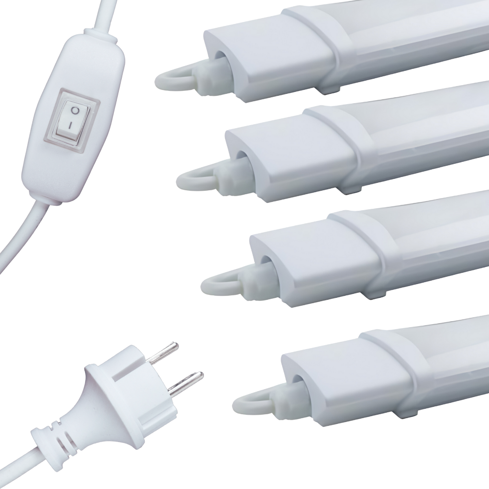 4er Set LED Feuchtraumleuchte, 22 W, 2000lm, 4000K, 900 mm, IP65, mit Schalter und IP44 Stecker.