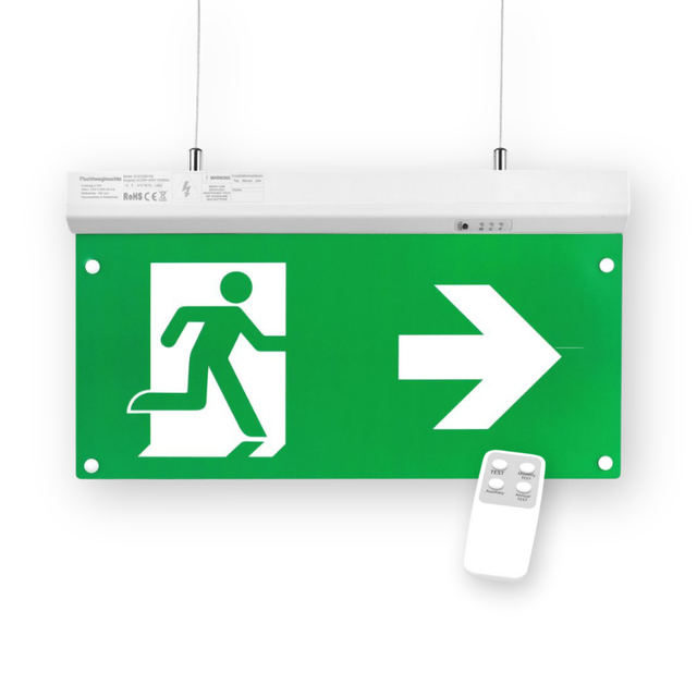 LED-Fluchtwegleuchte 4in1 mit Fernbedienung, Notausgang mit Notstromeinheit, TEST-Funktion, Decken- und Wandmontage.