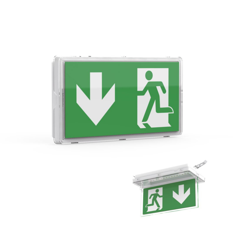 LED-Fluchtwegleuchte, Notausgang mit Notstromeinheit, TEST-Funktion, Wand- und Deckenmontage, Ein- und Aufbau, IP65.