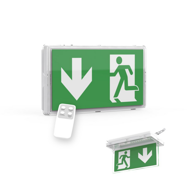 LED-Fluchtwegleuchte mit Fernbedinung, Notausgang mit Notstromeinheit, TEST-Funktion, Wand- und Deckenmontage, Ein- und Aufbau, IP65.