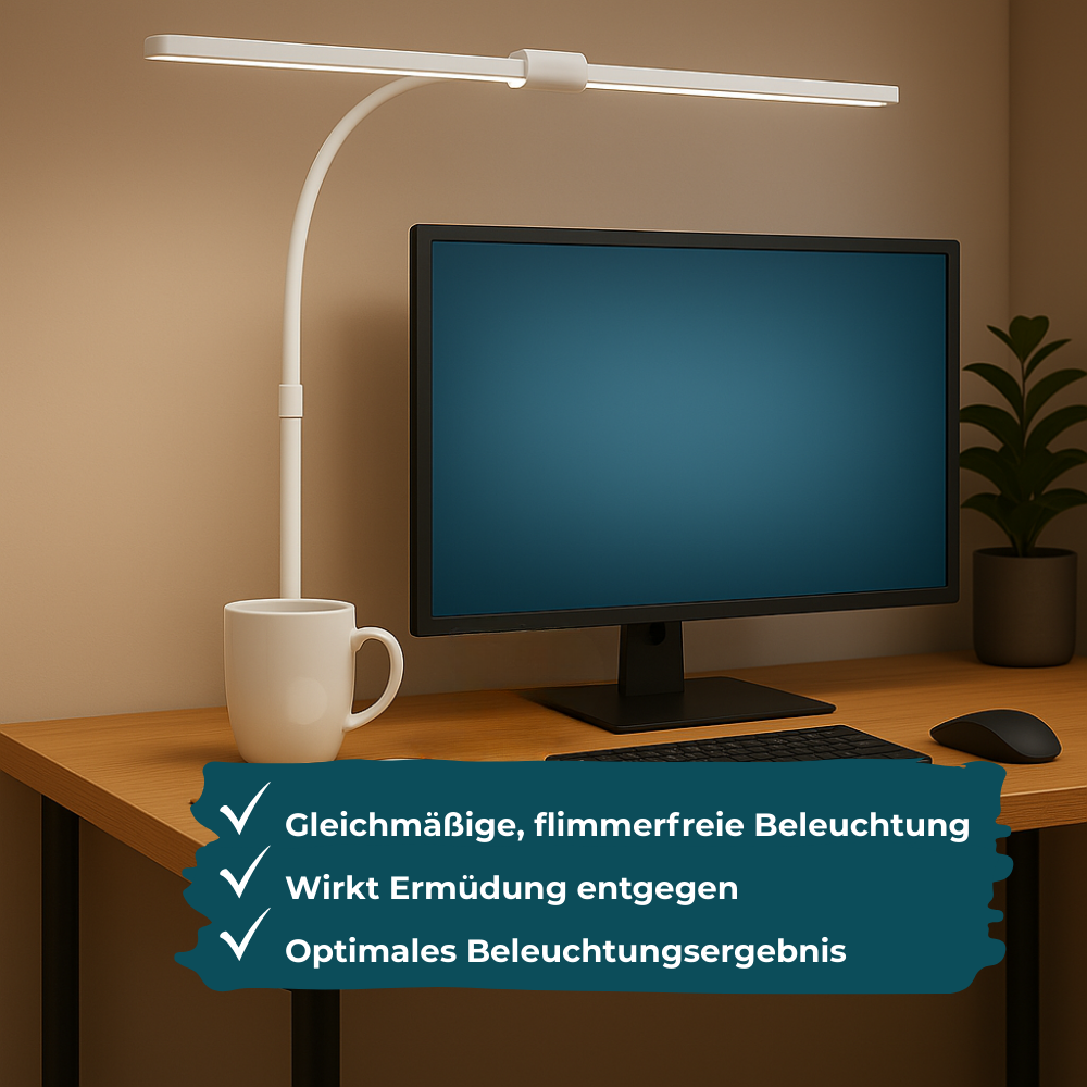 LED-Schreibtischlampe, Doppelkopf, in Weiß, dimmbar, 5 Farbtemperaturstufen, 24 W, 800 lm, klemm- und verstellbare Monitorlampe.