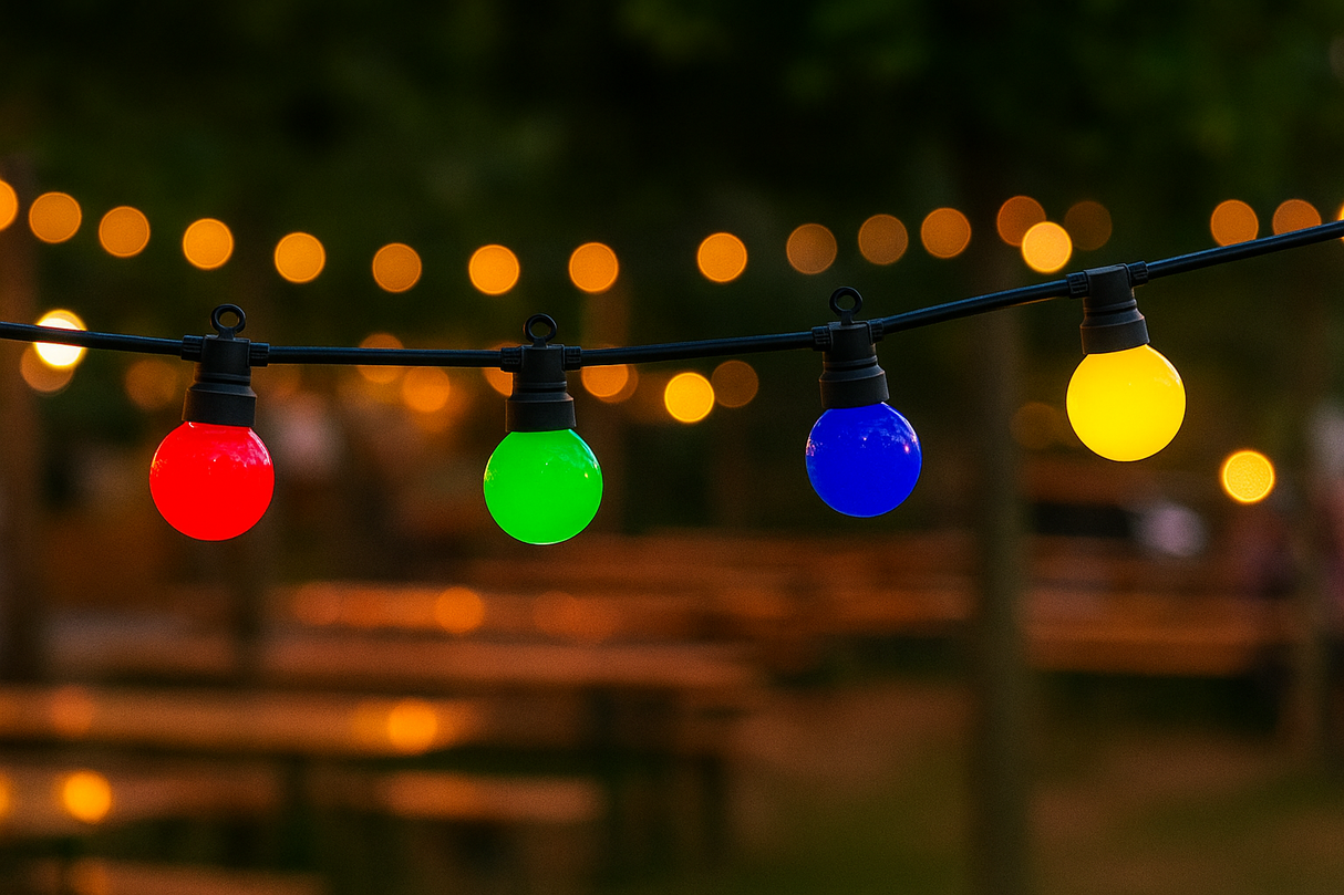 LED-Lichterkette,  inkl 20 Leuchtmittel, bunt, 13 m, schwarz, mit Aufhängung.