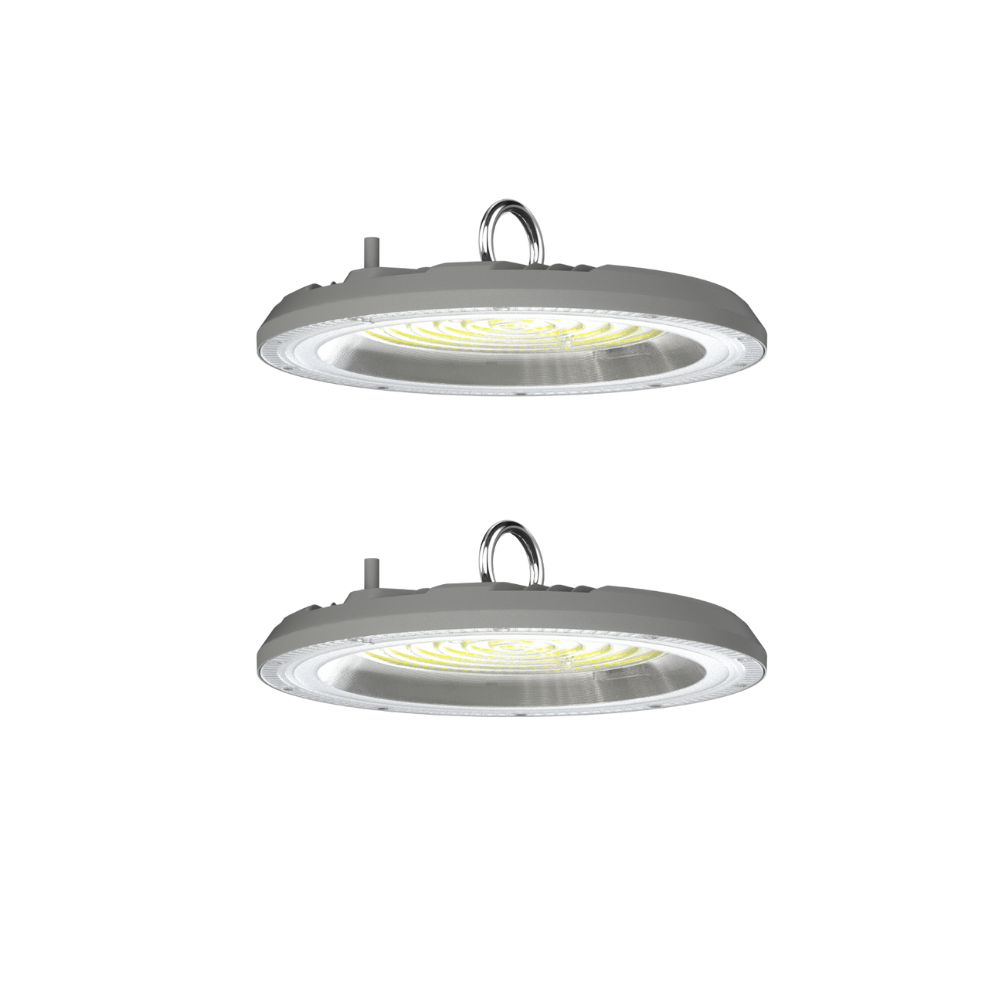 2er-Pack LED-Highbay, Hallenstrahler rund, grau, 100 W, 10000 lm, CCT 3000-6500 K (warm-, neutral-, kaltweiß), IP65.
