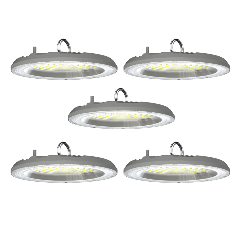 5er-Pack LED-Highbay, Hallenstrahler rund, grau, 100 W, 10000 lm, CCT 3000-6500 K (warm-, neutral-, kaltweiß), IP65.