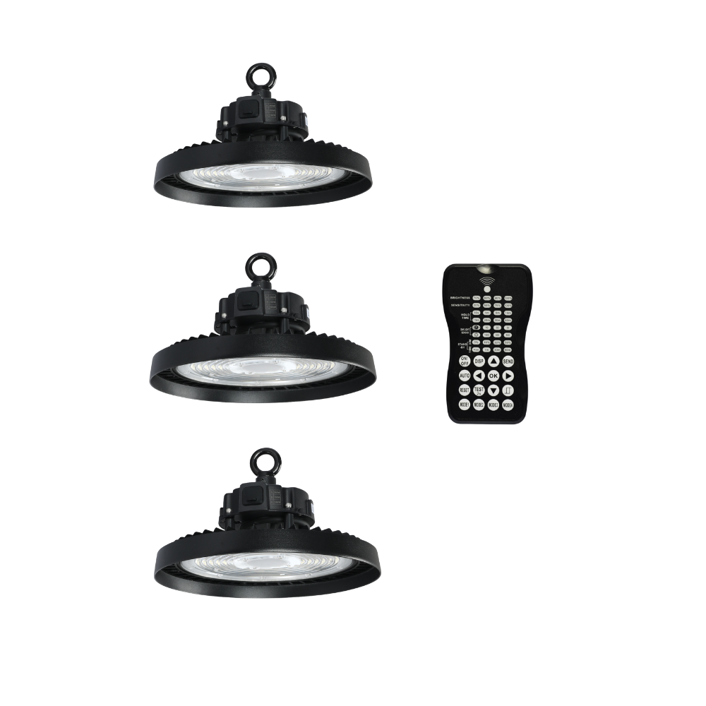 3er-Pack LED-Hallenstrahler, mit Bewegungsmelder, Leistung einstellbar, 100/150/200W, 4000 K (neutralweiß), 17000-34000 lm, IP65, 0-10V dimmbar, inkl Fernbedienung.