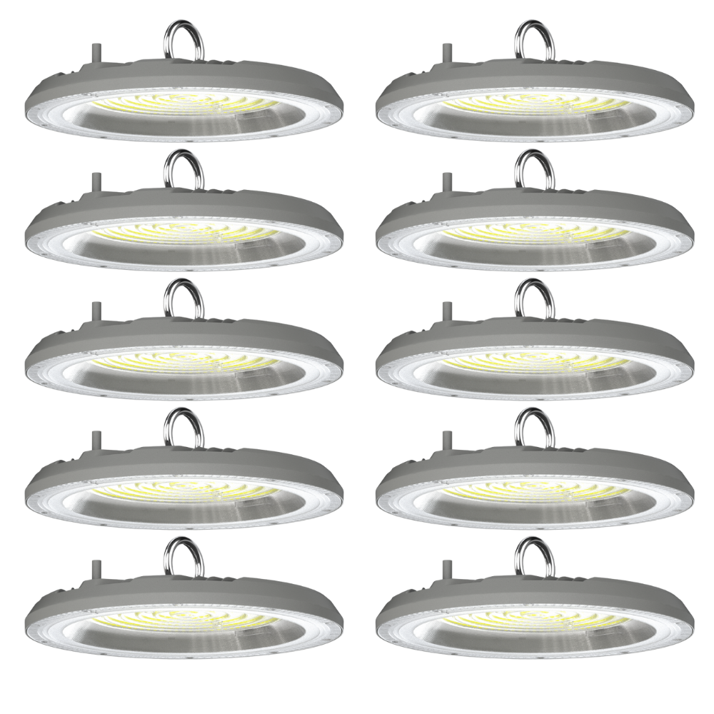 10er-Pack LED-Highbay, Hallenstrahler rund, grau, 100 W, 10000 lm, CCT 3000-6500 K (warm-, neutral-, kaltweiß), IP65.