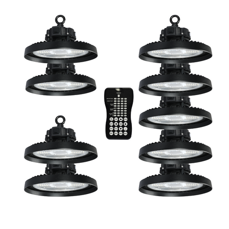 9er-Pack LED-Hallenstrahler, mit Bewegungsmelder, Leistung einstellbar, 100/150/200W, 4000 K (neutralweiß), 17000-34000 lm, IP65, 0-10V dimmbar, inkl Fernbedienung.