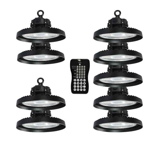 9er-Pack LED-Hallenstrahler, mit Bewegungsmelder, Leistung einstellbar, 100/150/200W, 4000 K (neutralweiß), 17000-34000 lm, IP65, 0-10V dimmbar, inkl Fernbedienung.