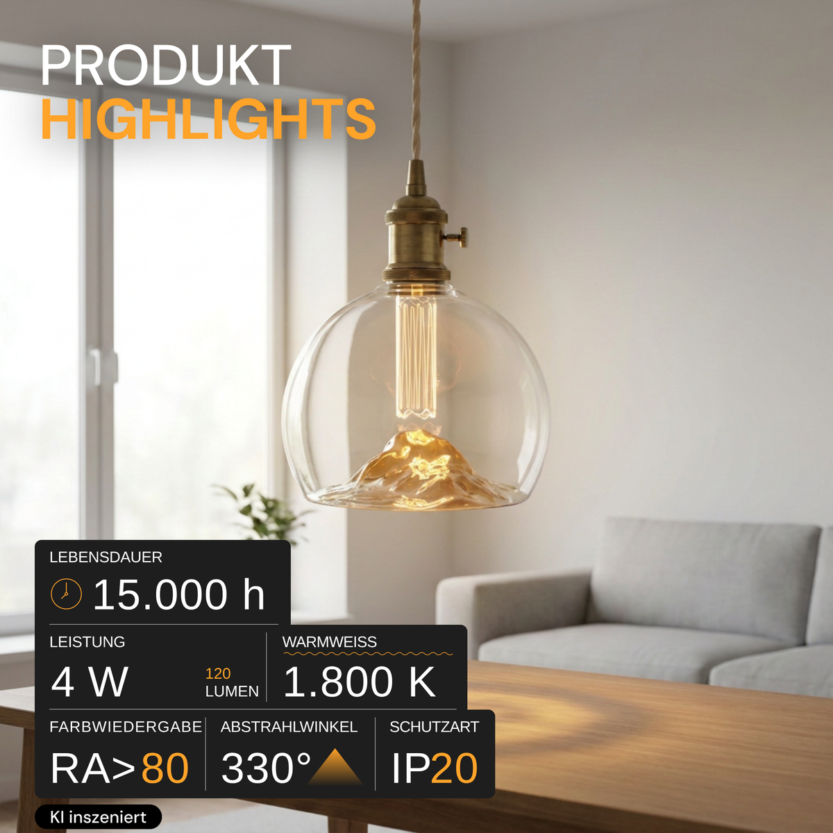 LED Filament Leuchtmittel, E27, 4 W, 120 lm, warmweiß, dimmbar
