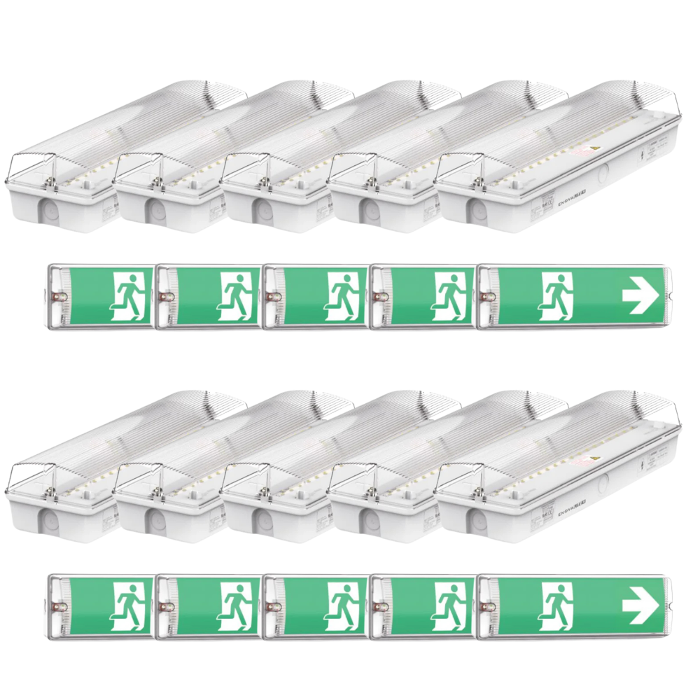 10er Pack LED-Fluchtwegleuchte, Notbeleuchtung mit Notstromakku 3h, TEST-Funktion, Rettungszeichenleuchte inkl 4 Richtungspfeilen, IP65.