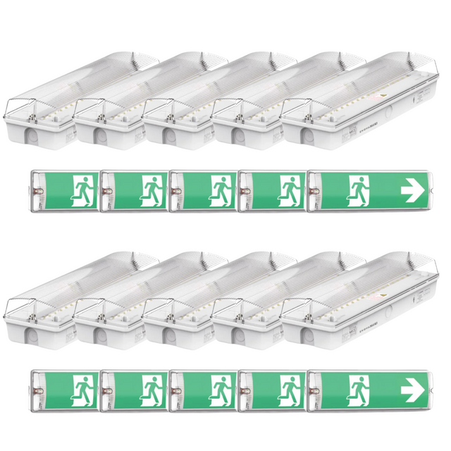 10er Pack LED-Fluchtwegleuchte, Notbeleuchtung mit Notstromakku 3h, TEST-Funktion, Rettungszeichenleuchte inkl 4 Richtungspfeilen, IP65.