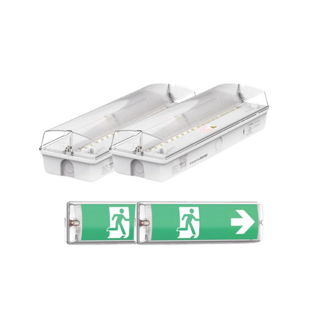 2er Pack LED-Fluchtwegleuchte, Notbeleuchtung mit Notstromakku 3h, TEST-Funktion, Rettungszeichenleuchte inkl 4 Richtungspfeilen, IP65.
