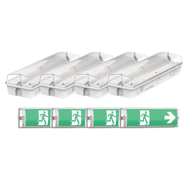 4er Pack LED-Fluchtwegleuchte, Notbeleuchtung mit Notstromakku 3h, TEST-Funktion, Rettungszeichenleuchte inkl 4 Richtungspfeilen, IP65.