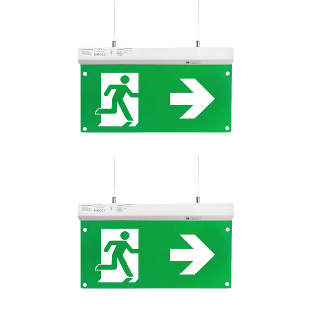 2er Pack LED-Fluchtwegleuchte 4in1, Notausgang mit Notstromeinheit, TEST-Funktion, Decken- und Wandmontage.
