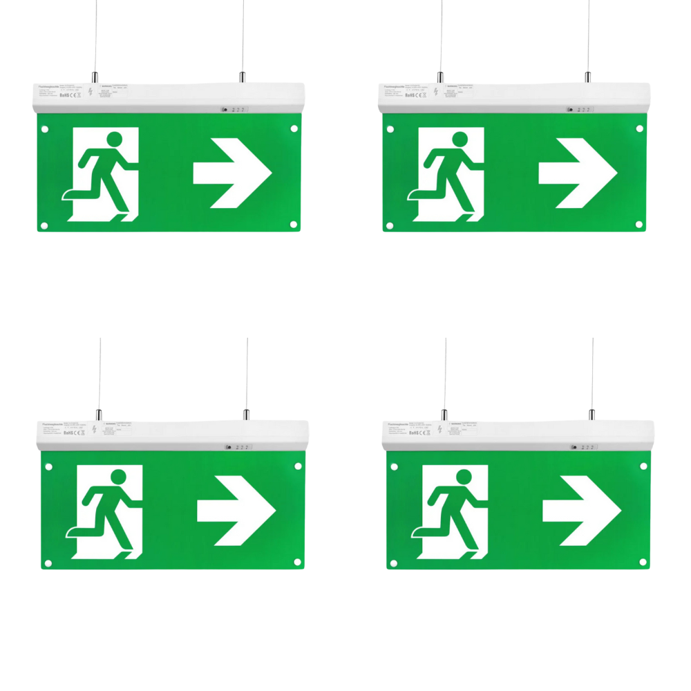 4er Pack LED-Fluchtwegleuchte 4in1, Notausgang mit Notstromeinheit, TEST-Funktion, Decken- und Wandmontage.