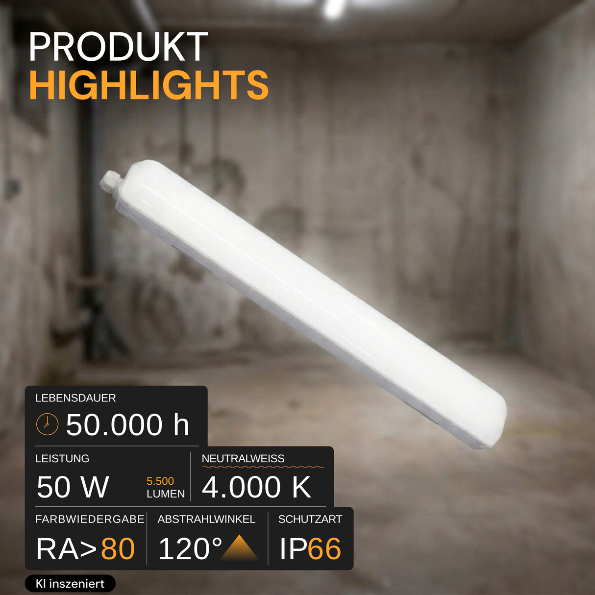 LED Feuchtraumleuchte mit Notlicht, 150 cm, 50 W, 5500 lm, neutralweiß, IP66, durchschleifbar