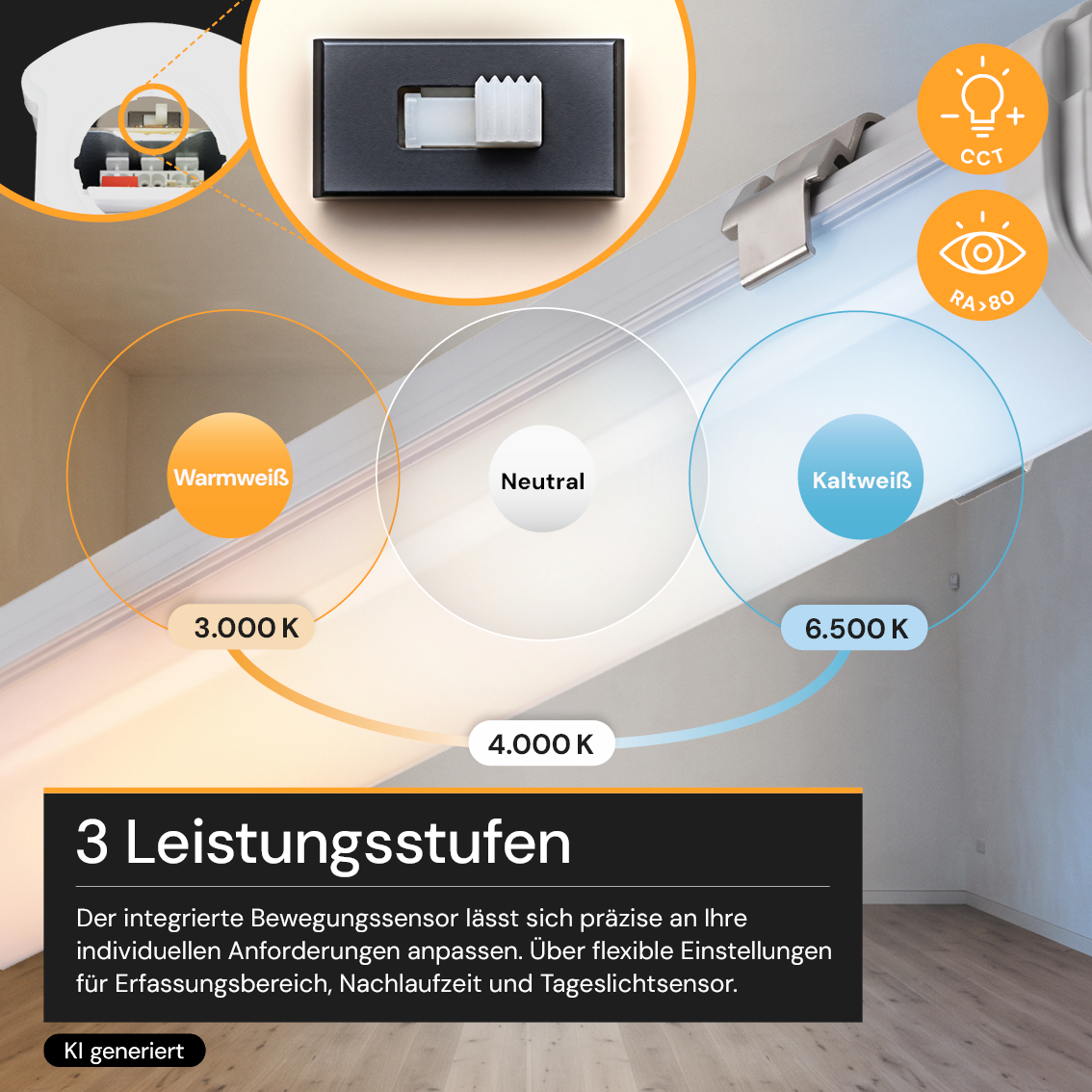 LED Feuchtraumleuchte PRO, 8 h Notlicht, 120 cm, 20–34 W, 3CCT, 2500–4250 lm, IP65, Sensor-Ready, Schnellverbinder, durchschleifbar