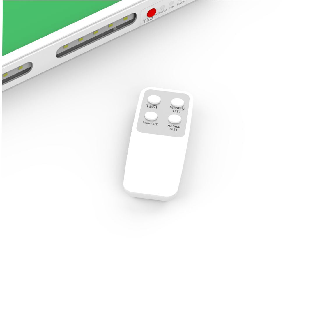 LED-Fluchtwegleuchte mit Fernbedienung, Notausgang mit Notstromeinheit, TEST-Funktion, Wandmontage, Ein- und Aufbau, IP65.