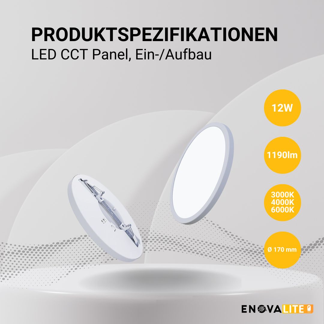 LED CCT Panel, Ein-/Aufbau, 12W, 1190 lm, ø170x17mm, 3000-4000-6000K einstellbar, Lochdurchm. variabel  Lichttechnik24.de.