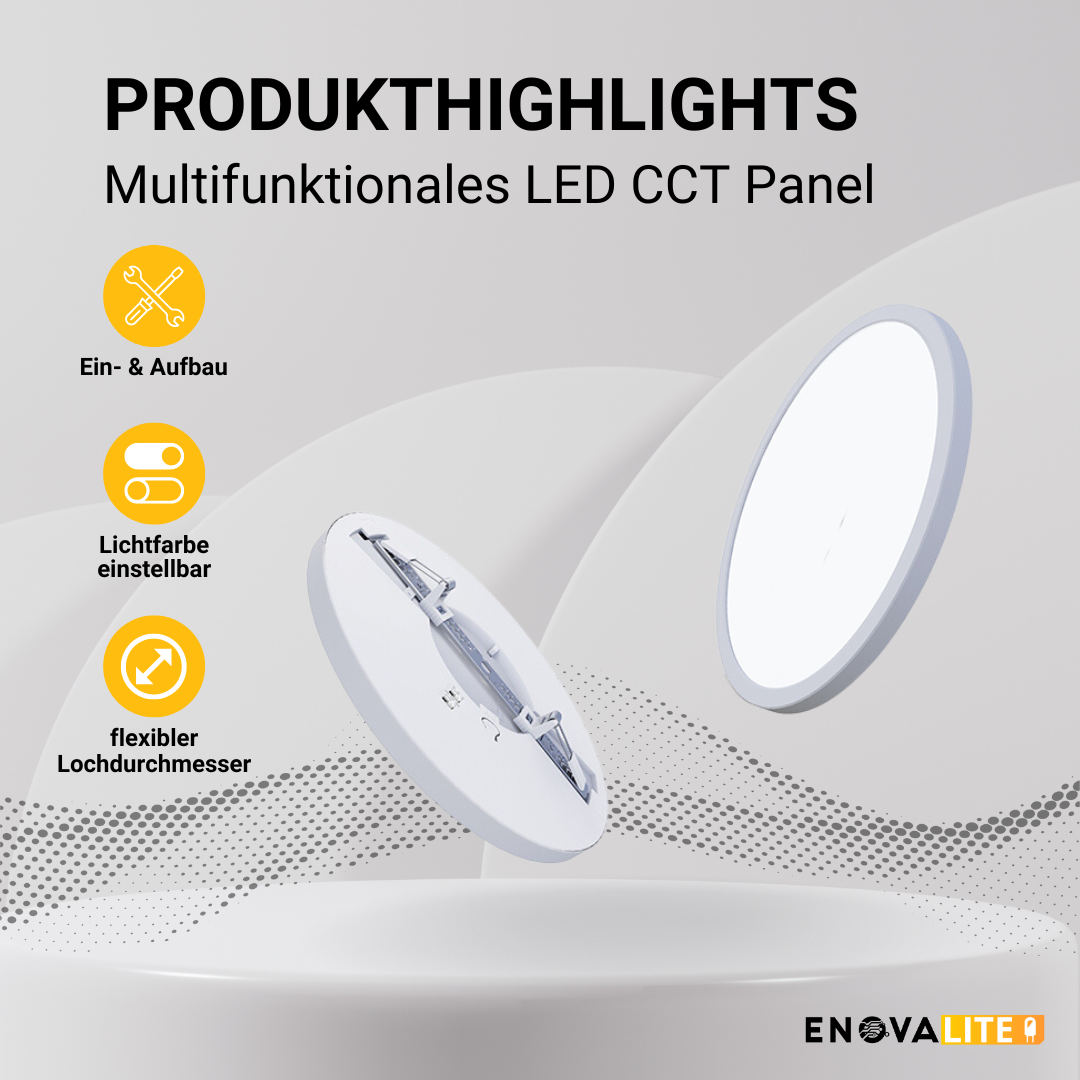 LED CCT Panel, Ein-/Aufbau, 12W, 1190 lm, ø170x17mm, 3000-4000-6000K einstellbar, Lochdurchm. variabel  Lichttechnik24.de.