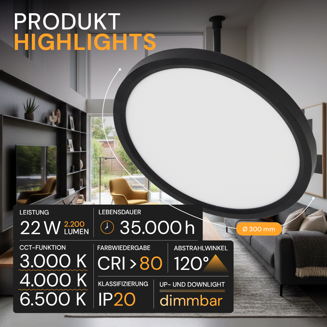 LED Panel mit Fernbedienung, Ø30 cm, schwarz, rund, 22 W, 2200 lm, dimmbar, Lichtfarbe einstellbar 3000-6500 K, Slim Design, Nachtlichtmodus.