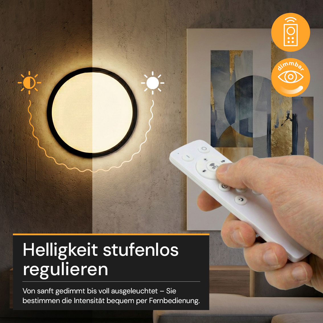 LED Panel mit Fernbedienung, Ø30 cm, schwarz, rund, 22 W, 2200 lm, dimmbar, Lichtfarbe einstellbar 3000-6500 K, Slim Design, Nachtlichtmodus