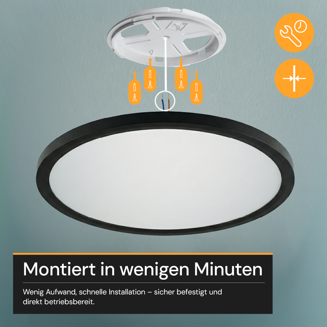LED Panel mit Fernbedienung, Ø50 cm, schwarz, rund, 42 W, 4200 lm, dimmbar, Lichtfarbe einstellbar 3000-6500 K, Slim Design, Nachtlichtmodus.