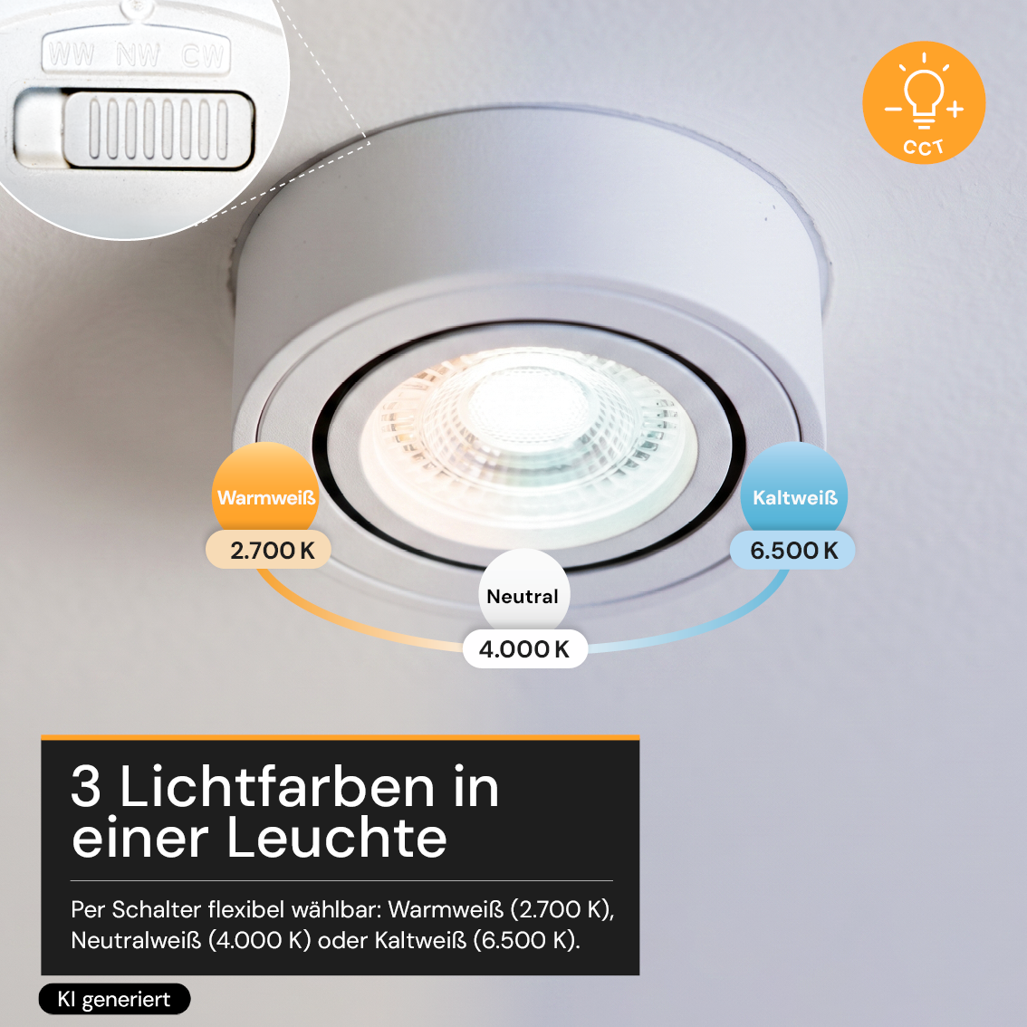 LED Aufbauspot, 7 W, 670 lm, 3CCT, dimmbar, schwenkbar, Aluminium, weiß