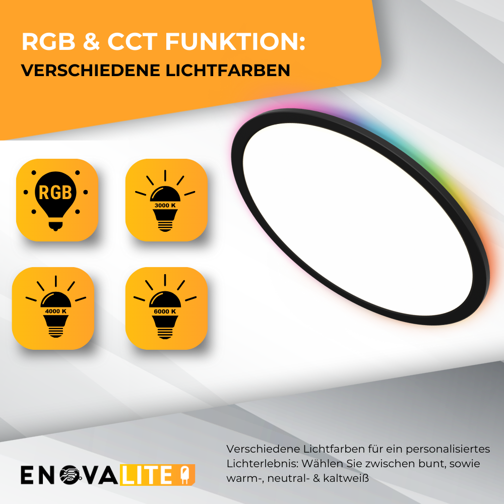 Smartes RGB Panel Up&Down, 36W, 3760lm, ø400x25mm, Wifi, Tuya App, CCT, dimmbar, schwarz.