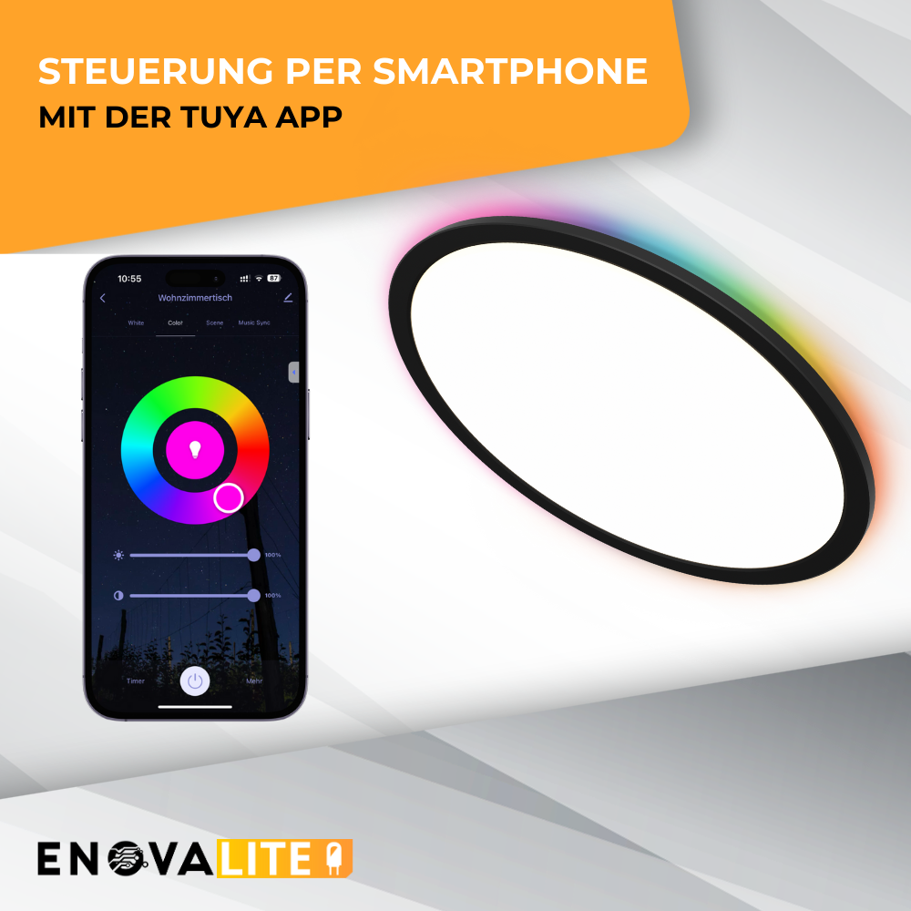 Smartes RGB Panel Up&Down, 18W, 1880lm, ø290x25mm, Wifi, Tuya App, CCT, dimmbar, schwarz.