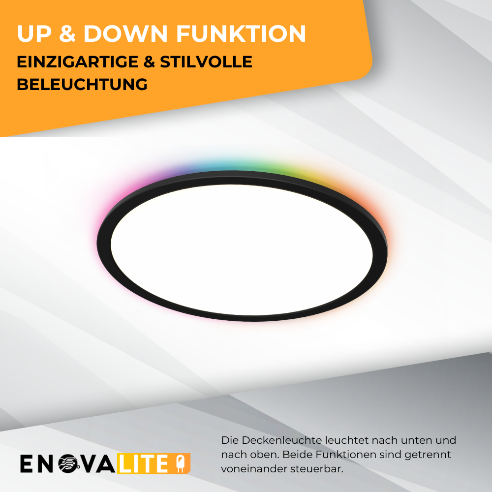 Smartes RGB Panel Up&Down, 18W, 1880lm, ø290x25mm, Wifi, Tuya App, CCT, dimmbar, schwarz.
