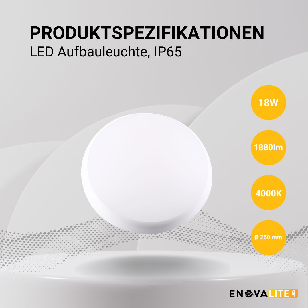 LED Aufbauleuchte, 18W, 1880 lm, 4000K, ø250x48mm, IP65.