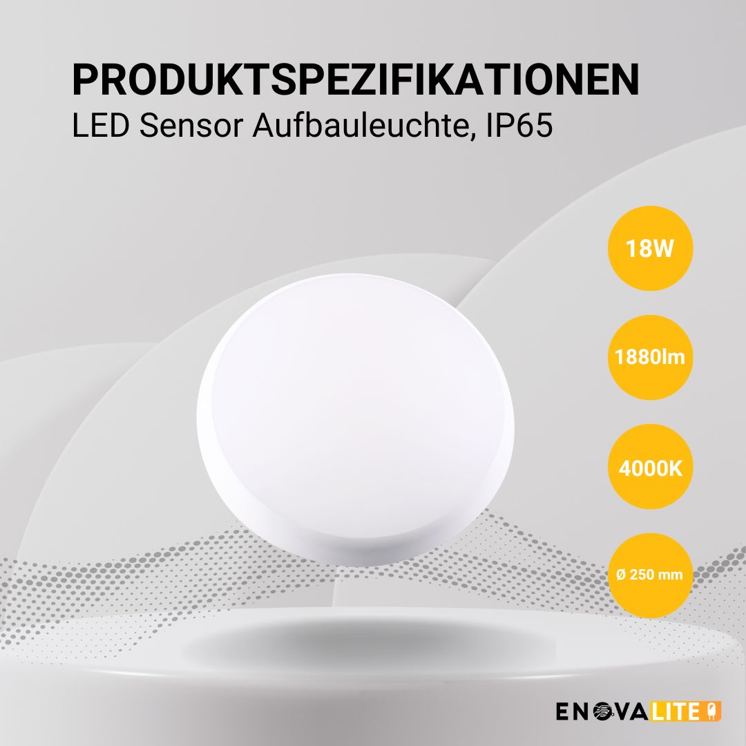 LED Aufbauleuchte mit Sensor, 18W, 1880 lm, 4000K, ø250x48mm, IP65.