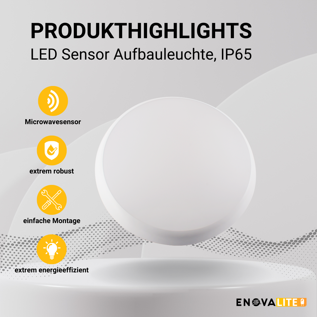 LED Aufbauleuchte mit Sensor, 18W, 1880 lm, 4000K, ø250x48mm, IP65.