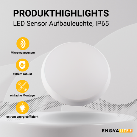 LED Aufbauleuchte mit Sensor, 18W, 1880 lm, 4000K, ø250x48mm, IP65  Lichttechnik24.de.