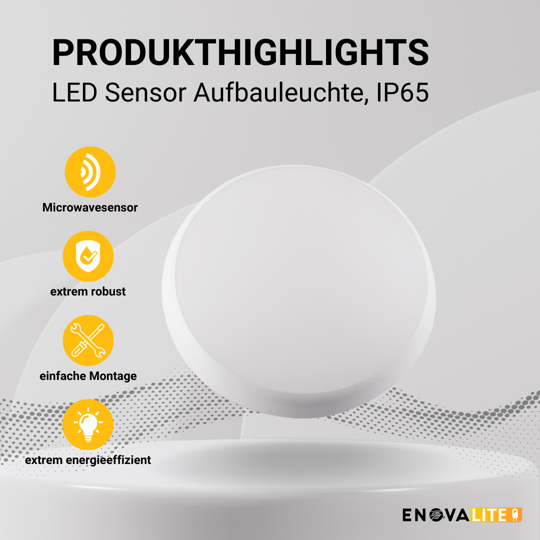 LED Aufbauleuchte mit Sensor, 18W, 1880 lm, 4000K, ø250x48mm, IP65  Lichttechnik24.de.
