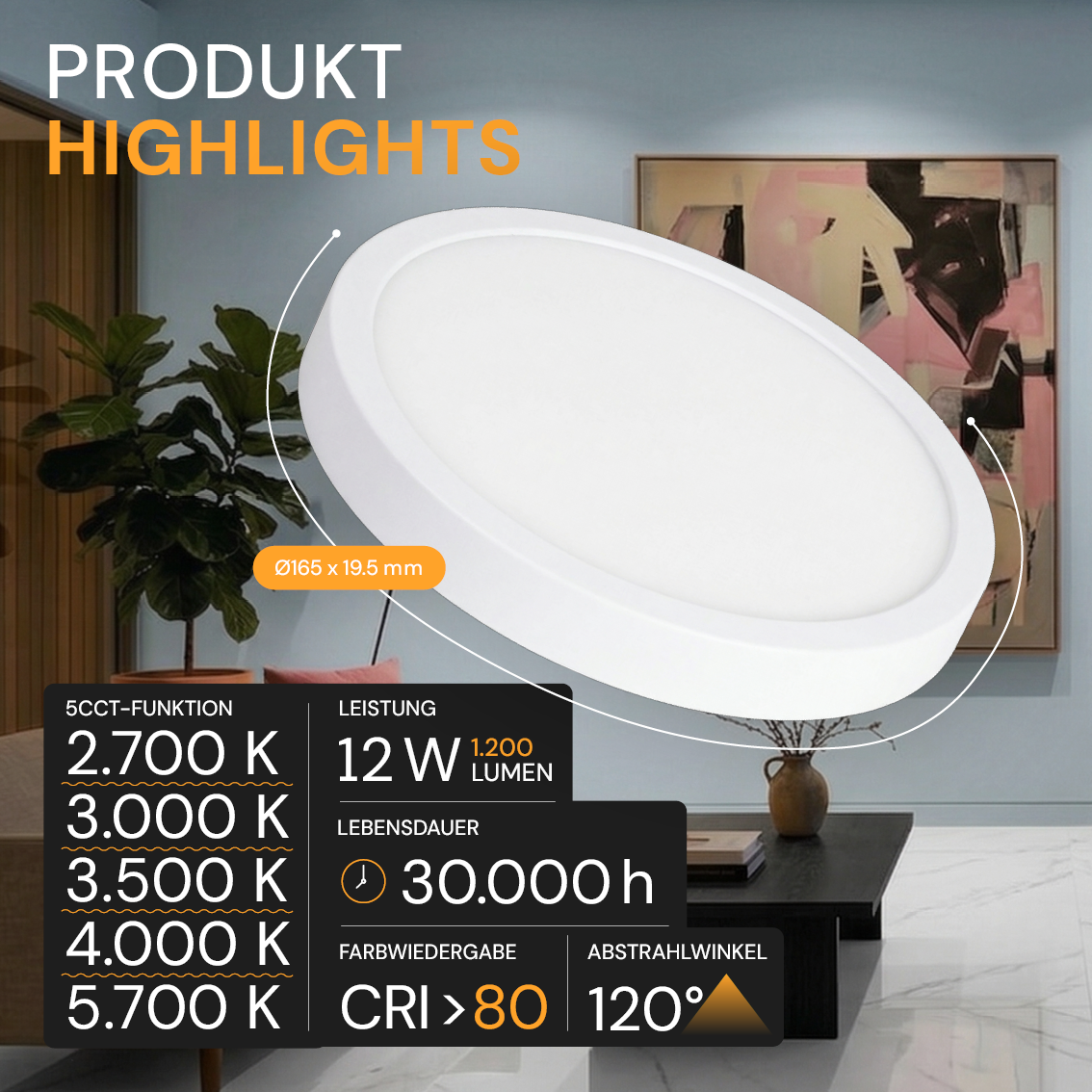 LED CCT Panel, Ein-/Aufbau, 12 W, 1200 lm, Ø165 mm, 5CCT (2700 K– 5700 K), Lochdurchm. variabel, Anschlussbox.