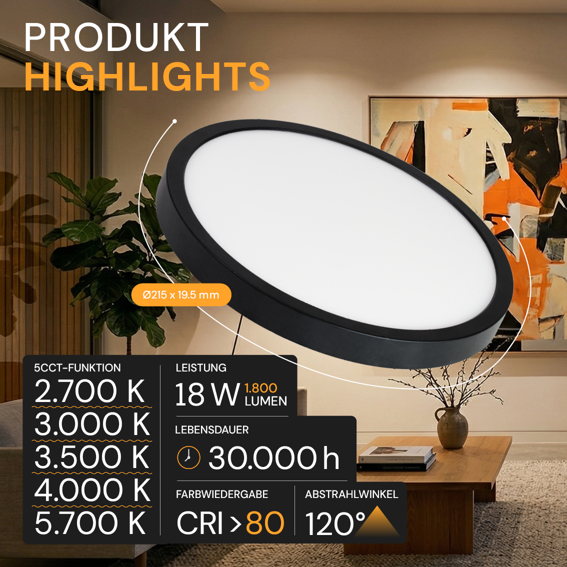 LED CCT Panel, Ein-/Aufbau, Schwarz, 18 W, 1800 lm, Ø215 mm, 5CCT (2700 K– 5700 K), Lochdurchm. variabel, Anschlussbox.