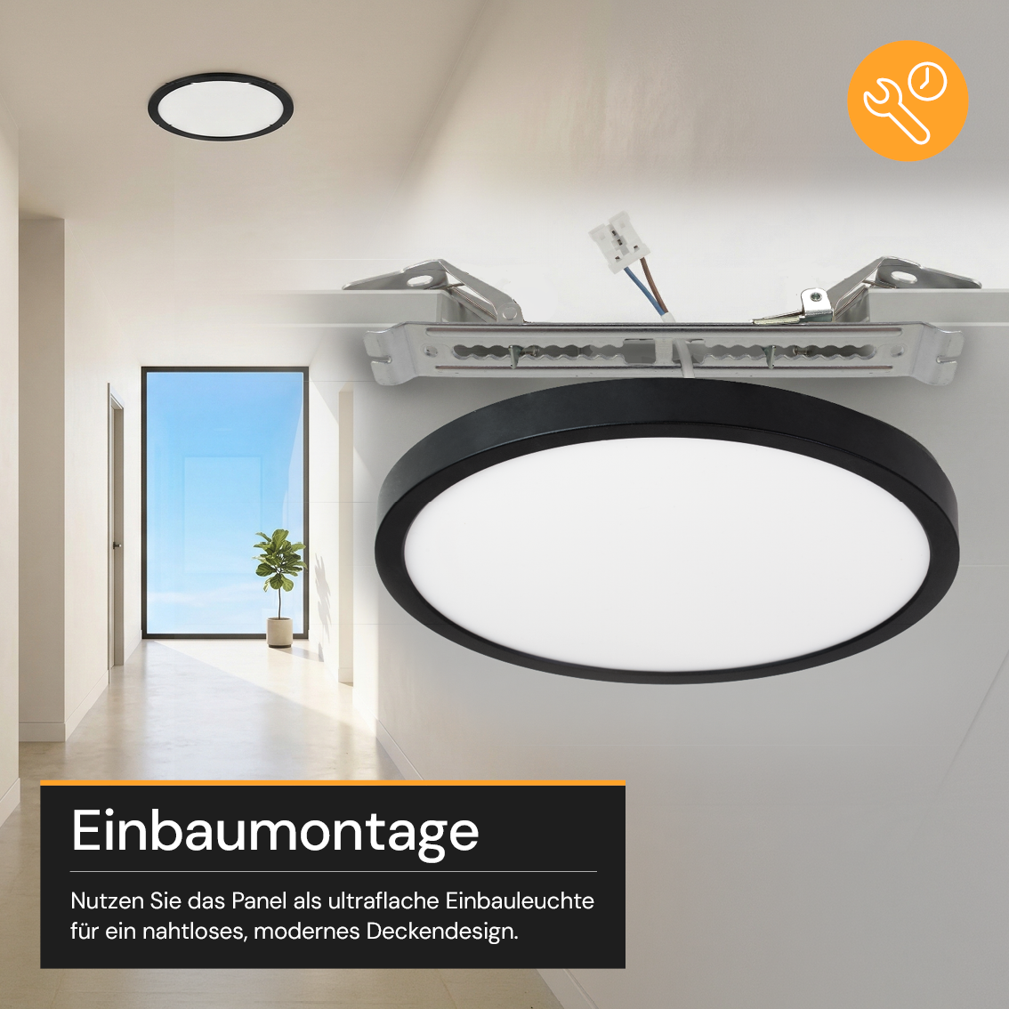 LED CCT Panel, Ein-/Aufbau, Schwarz, 18 W, 1800 lm, Ø215 mm, 5CCT (2700 K– 5700 K), Lochdurchm. variabel, Anschlussbox.