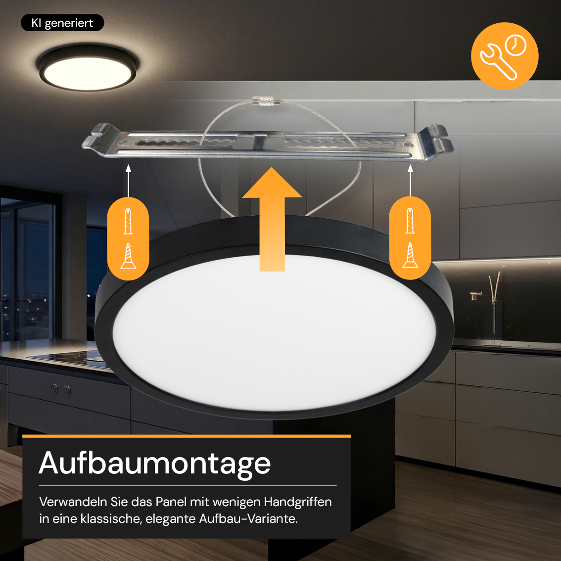 LED CCT Panel, Ein-/Aufbau, Schwarz, Bewegungssensor, 18 W, 1800 lm, Ø215 mm, 5CCT (2700 K– 5700 K), Lochdurchm. variabel, Anschlussbox