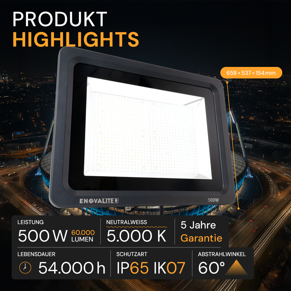 LED Stadion Fluter PRO, 500 W, 5000 K (neutralweiß), 60000 lm, IP65, Meanwell Driver, LUMILEDS LED