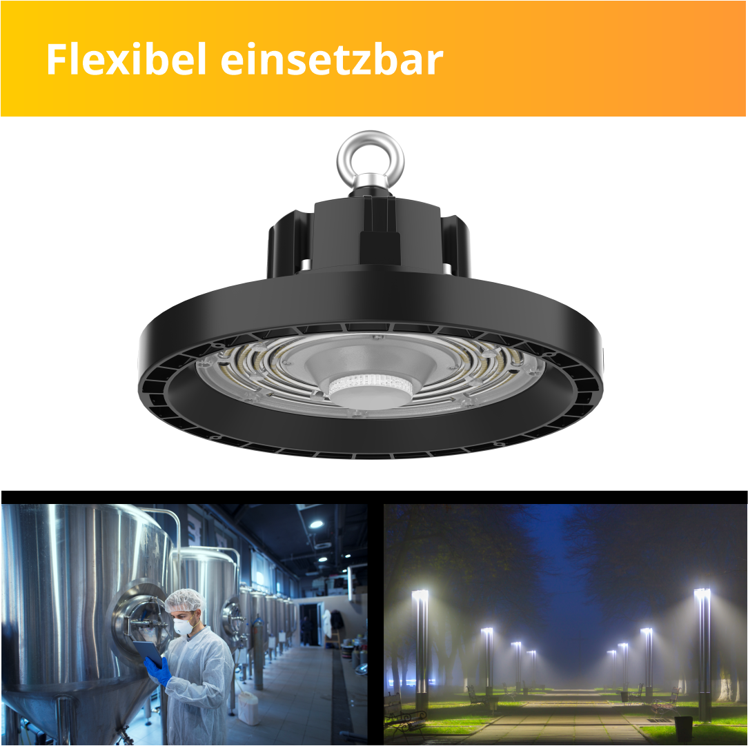LED-HighBay, Profi-UFO, 100 W, 14000 lm, 4000 K (neutralweiß), IP65, LIFUD, Lumileds LEDs.